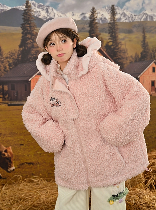 Cute Girl Cartoon Pink Sheep Lambswool Soft Kawaii Fashion Crossbody Bag Loose 3D Sheep Horn Ears Hooded Warm Coat Hoodie Set