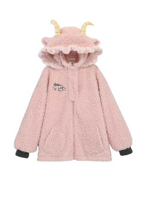 Cute Girl Cartoon Pink Sheep Lambswool Soft Kawaii Fashion Crossbody Bag Loose 3D Sheep Horn Ears Hooded Warm Coat Hoodie Set