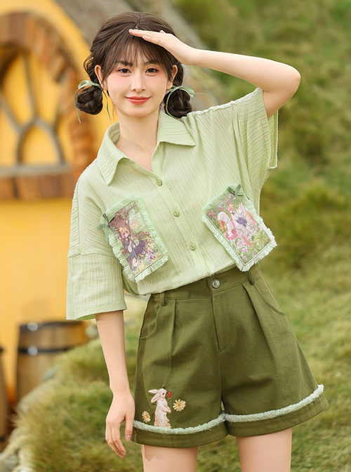 Prince Journey Series Mint Green Cool Seaside Casual Vacation Style Kawaii Fashion Loose Polo Shirt Short Pants Set