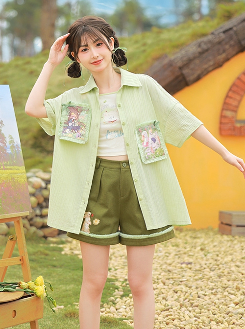 Prince Journey Series Mint Green Cool Seaside Casual Vacation Style Kawaii Fashion Loose Polo Shirt Short Pants Set