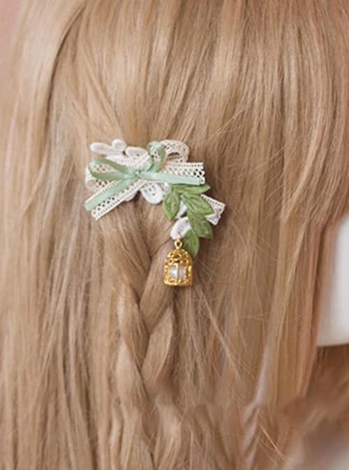 Mori Girl Style Forest Tree Leaf Birdcage Lace Matcha Green Ribbon Bowknot Aesthetic Classic Lolita Hairpin