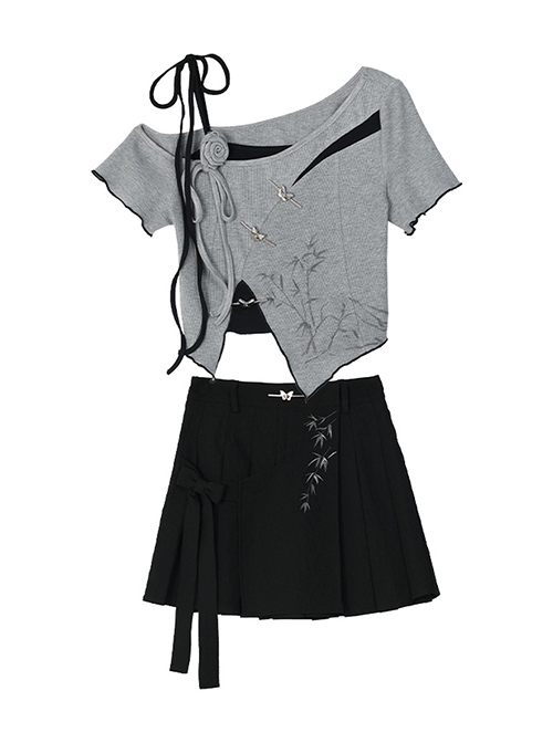 Bamboo Shadow Frost Series Black Gray Classic New Chinese Style Irregular Design Kawaii Fashion T Shirt Skirt Two Piece Set