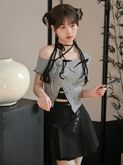 Bamboo Shadow Frost Series Black Gray Classic New Chinese Style Irregular Design Kawaii Fashion T Shirt Skirt Two Piece Set