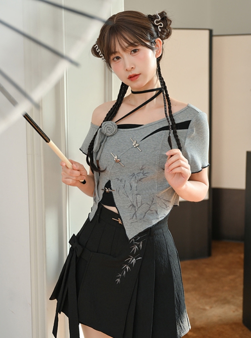 Bamboo Shadow Frost Series Black Gray Classic New Chinese Style Irregular Design Kawaii Fashion T Shirt Skirt Two Piece Set