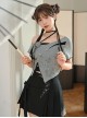 Bamboo Shadow Frost Series Black Gray Classic New Chinese Style Irregular Design Kawaii Fashion T Shirt Skirt Two Piece Set