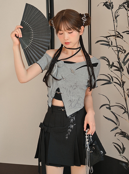 Bamboo Shadow Frost Series Black Gray Classic New Chinese Style Irregular Design Kawaii Fashion T Shirt Skirt Two Piece Set