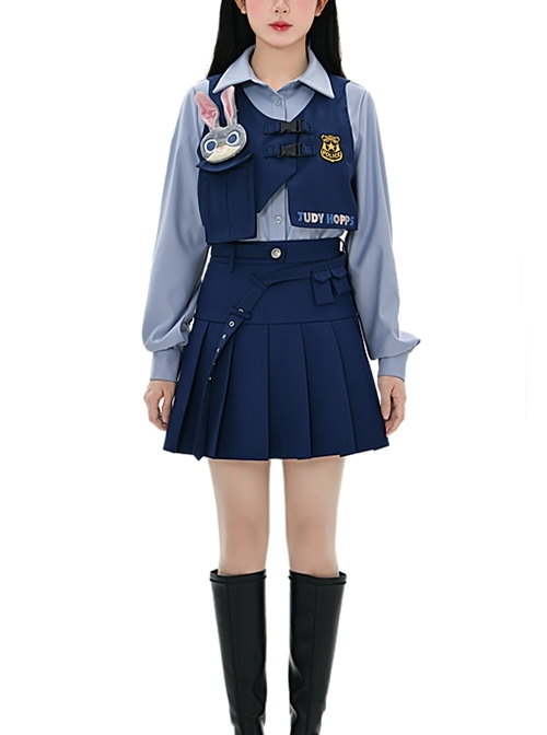 College Style Judy Rabbit Officer Royal Blue Daily Versatile Asymmetrical Design Kawaii Fashion Short Skirt Uniform Vest Set