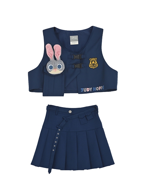 College Style Judy Rabbit Officer Royal Blue Daily Versatile Asymmetrical Design Kawaii Fashion Short Skirt Uniform Vest Set