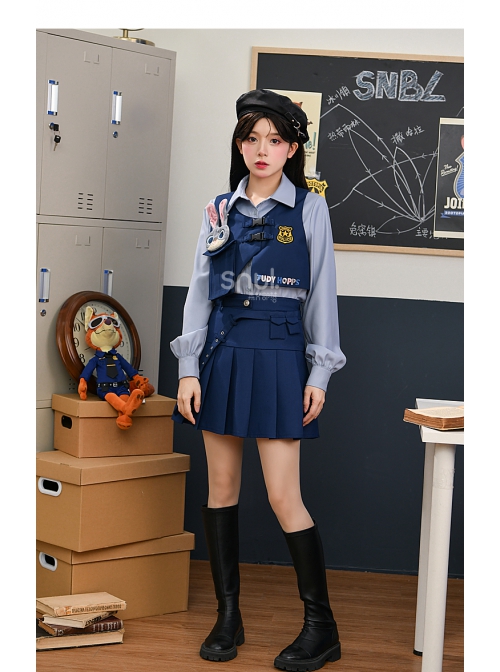 College Style Judy Rabbit Officer Royal Blue Daily Versatile Asymmetrical Design Kawaii Fashion Short Skirt Uniform Vest Set