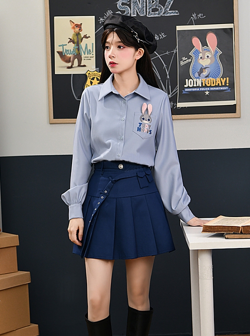 College Style Judy Rabbit Officer Royal Blue Daily Versatile Asymmetrical Design Kawaii Fashion Short Skirt Uniform Vest Set