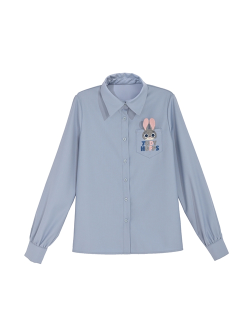 Crazy Animal City College Style Daily Commute Judy Gray Rabbit Light Blue Loose Peak Collar Kawaii Fashion Long Sleeve Shirt