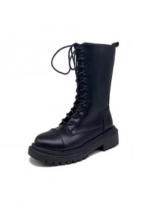 British College Style Lolita Daily Commute Black Thick Sole Mid Calf Shoelaces Straps Boots Knight Cool Martin Boots