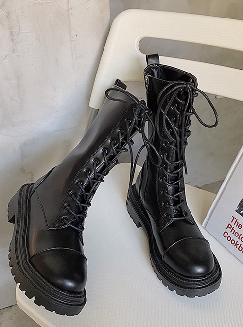 British College Style Lolita Daily Commute Black Thick Sole Mid Calf Shoelaces Straps Boots Knight Cool Martin Boots