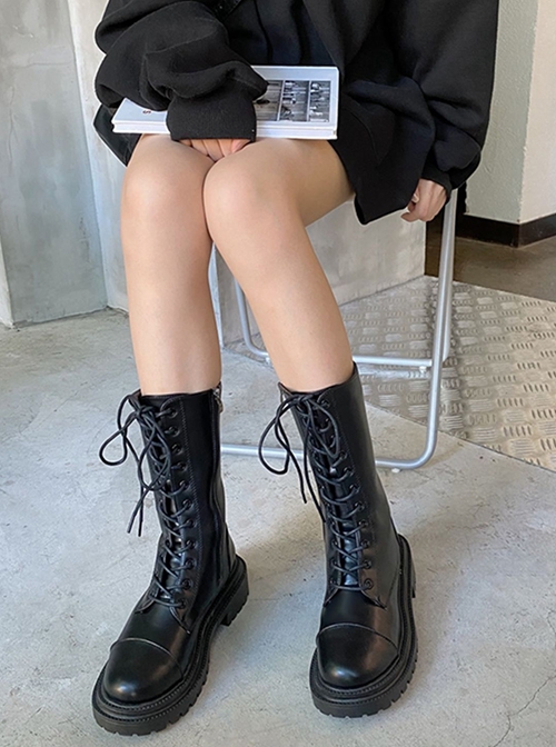 British College Style Lolita Daily Commute Black Thick Sole Mid Calf Shoelaces Straps Boots Knight Cool Martin Boots