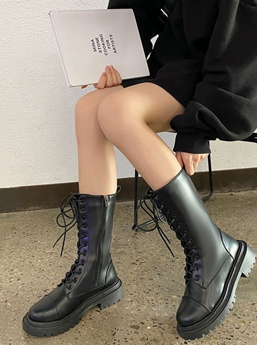 British College Style Lolita Daily Commute Black Thick Sole Mid Calf Shoelaces Straps Boots Knight Cool Martin Boots