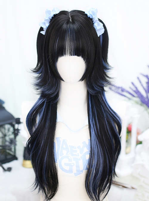 Lily Series Simulated Integrated Natural Black Long Curly Hair Blue Highlights Sweet Lolita Jellyfish Head Full Head Wig