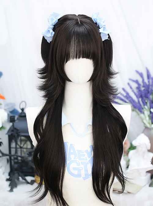 Lily Series Simulated Integrated Natural Black Long Curly Hair Blue Highlights Sweet Lolita Jellyfish Head Full Head Wig