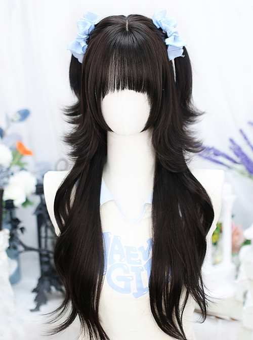 Lily Series Simulated Integrated Natural Black Long Curly Hair Blue Highlights Sweet Lolita Jellyfish Head Full Head Wig