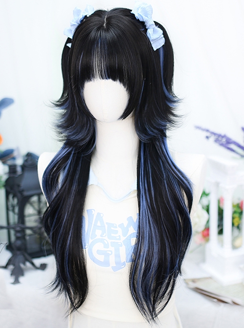 Lily Series Simulated Integrated Natural Black Long Curly Hair Blue Highlights Sweet Lolita Jellyfish Head Full Head Wig