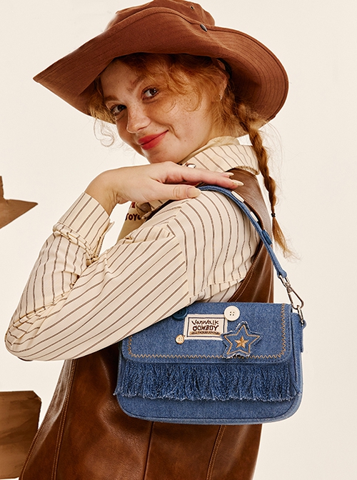 Cowboy Series Stylish Retro Girly Denim Button Patch Shoulder Tassel Crossbody Armpit Bag Kawaii Fashion Handbag