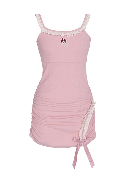 Spring Bunny Series Pure Desire Waist Slimming Embroidery Sweet Lace Bowknot Kawaii Fashion Suspender Sleeveless Dress