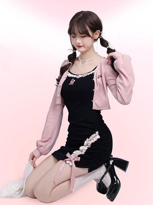 Spring Bunny Series Pure Desire Waist Slimming Embroidery Sweet Lace Bowknot Kawaii Fashion Suspender Sleeveless Dress