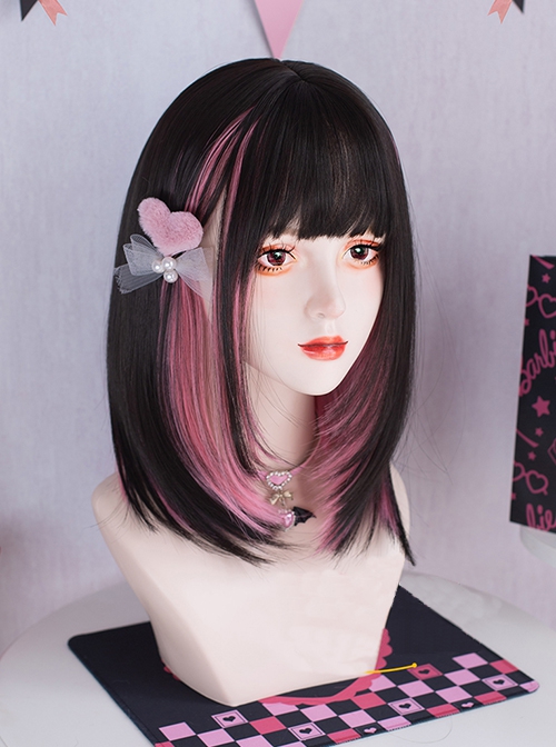 Black Pink Landmine Harajuku Style Cute Girl Cool Straight Hair Flat Bangs Kawaii Sweet Lolita Full Head Wig