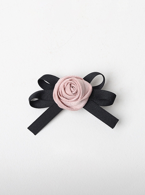 Simple Daily Fashionable Black Pink Ribbon Bowknot Artificial Rose Soft Girl Cool Sweet Lolita Hairpin