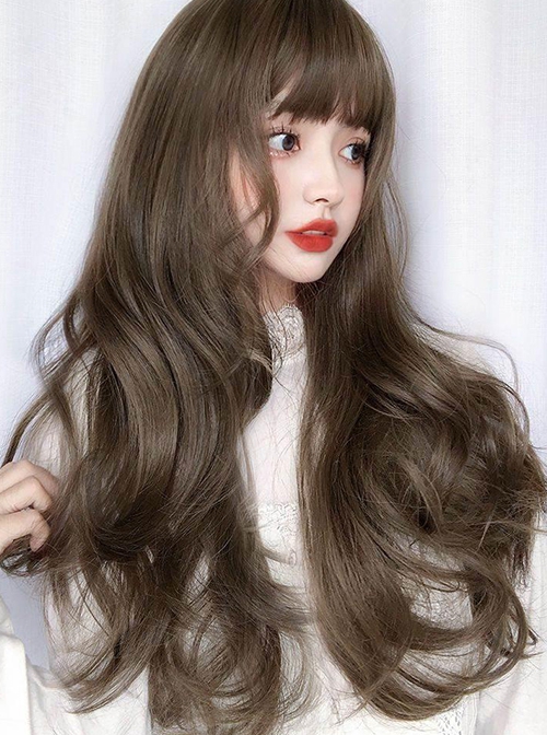 Daily Commute Versatile Fluffy Large Wavy Cute Flat Bangs Long Curly Hair Classic Lolita Full Head Wig