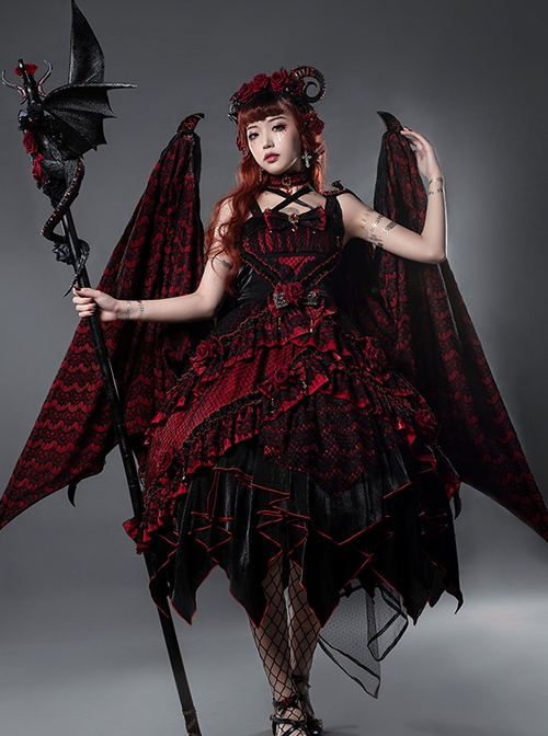 Gorgeous Noble Elegant Rights Power Ruby Rose Dark Gothic Lolita Demon Western Black Dragon Long Staff