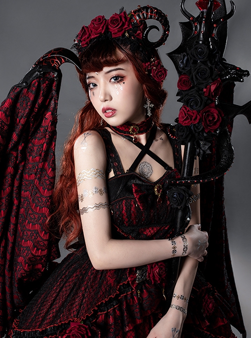 Gorgeous Noble Elegant Rights Power Ruby Rose Dark Gothic Lolita Demon Western Black Dragon Long Staff