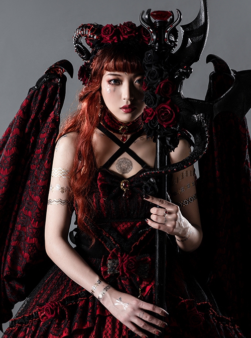 Gorgeous Noble Elegant Rights Power Ruby Rose Dark Gothic Lolita Demon Western Black Dragon Long Staff