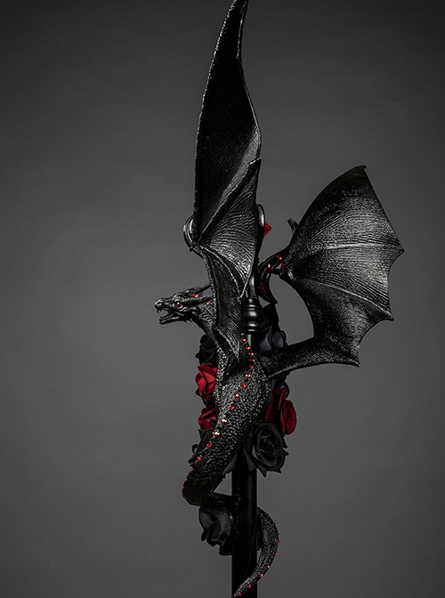 Gorgeous Noble Elegant Rights Power Ruby Rose Dark Gothic Lolita Demon Western Black Dragon Long Staff