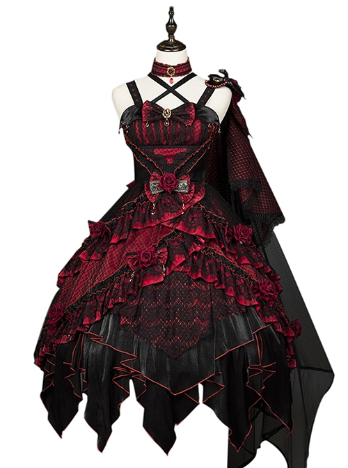 Astoria Series Flower Ruby Demonic Black Dragon Tea Party Gorgeous Gothic Lolita Rose Bowknot Sleeveless Dress Necklace Set