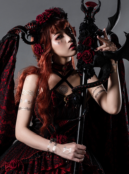 Astoria Series Flower Ruby Demonic Black Dragon Tea Party Gorgeous Gothic Lolita Rose Bowknot Sleeveless Dress Necklace Set