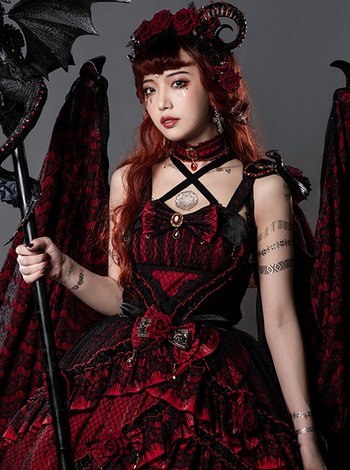 Astoria Series Flower Ruby Demonic Black Dragon Tea Party Gorgeous Gothic Lolita Rose Bowknot Sleeveless Dress Necklace Set