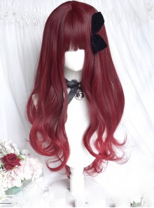 Dragon And Rose Series Cherry Wine Red Cute Flat Bangs Long Curly Hair Tsundere Attribute Sweet Lolita Full Head Wig