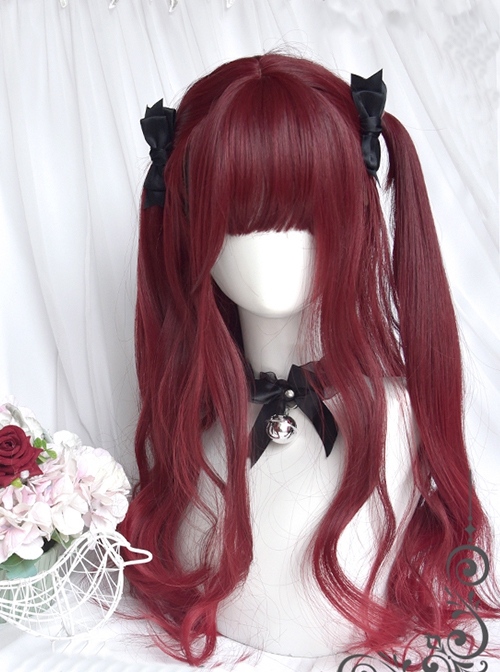 Dragon And Rose Series Cherry Wine Red Cute Flat Bangs Long Curly Hair Tsundere Attribute Sweet Lolita Full Head Wig