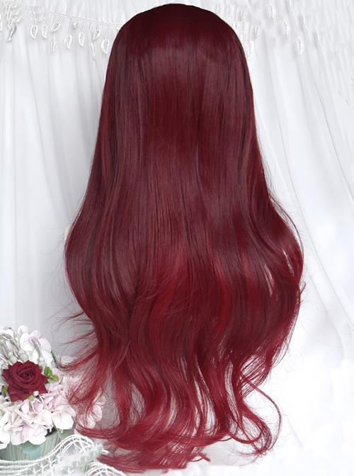 Dragon And Rose Series Cherry Wine Red Cute Flat Bangs Long Curly Hair Tsundere Attribute Sweet Lolita Full Head Wig