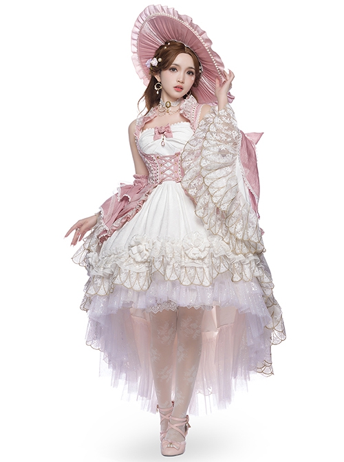 Riparbella Series White Pink Noble Gorgeous Flower Wedding Classic Ribbon Bowknot Ruffles Lolita Sleeveless Dress Hat Set