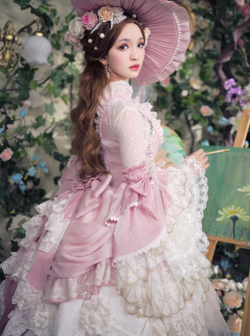 Riparbella Series White Pink Noble Gorgeous Flower Wedding Classic Ribbon Bowknot Ruffles Lolita Sleeveless Dress Hat Set