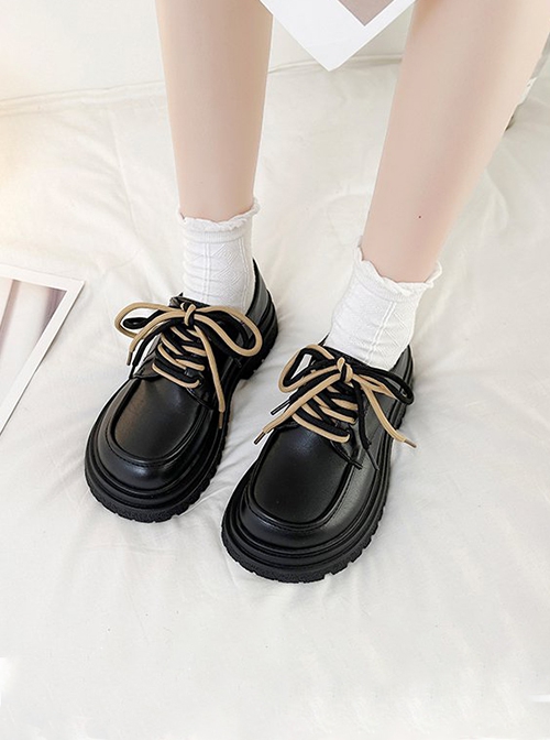 Versatile British Soft Bottom Forest Style Contrast Color Shoelaces Retro Round Toe School Lolita Mary Jane Platform Shoes