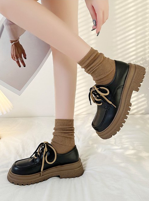 Versatile British Soft Bottom Forest Style Contrast Color Shoelaces Retro Round Toe School Lolita Mary Jane Platform Shoes