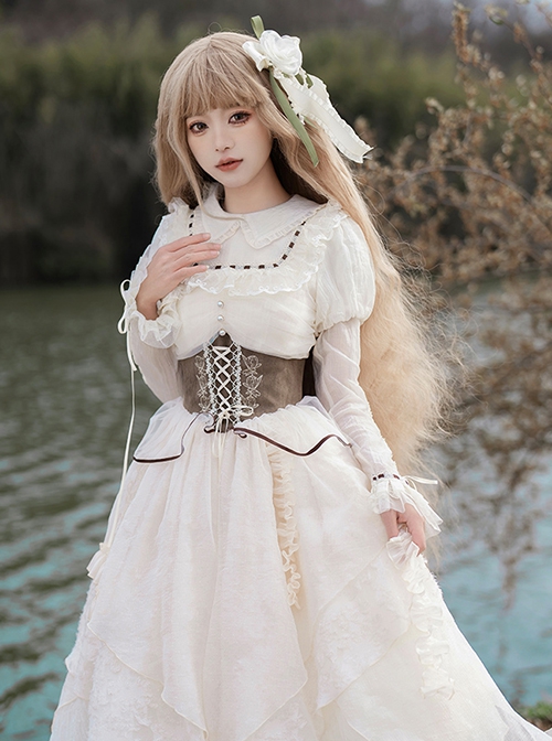 Glimpses Series Retro Apricot Steampunk Pirate Style Embroidery Irregular Hem Elegant Lace Yarn Classic Lolita Puff Sleeves Dress