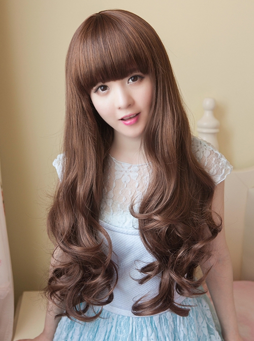 Japanese Style Brown Daily Versatile Naturally Fluffy Flat Bangs Big Wave Long Curly Hair Sweet Lolita Full Head Wig