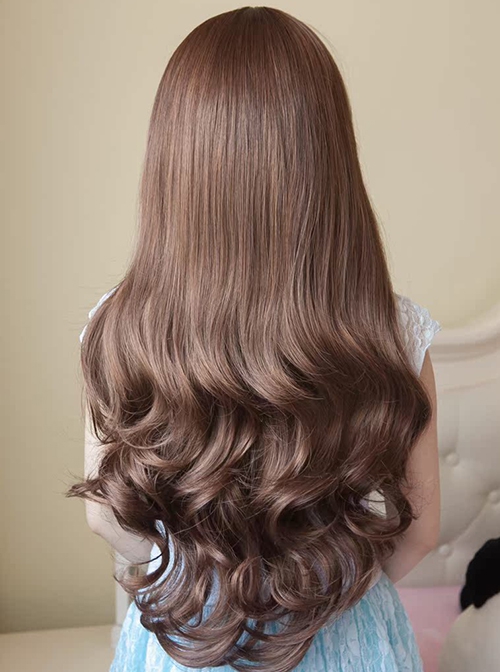 Japanese Style Brown Daily Versatile Naturally Fluffy Flat Bangs Big Wave Long Curly Hair Sweet Lolita Full Head Wig