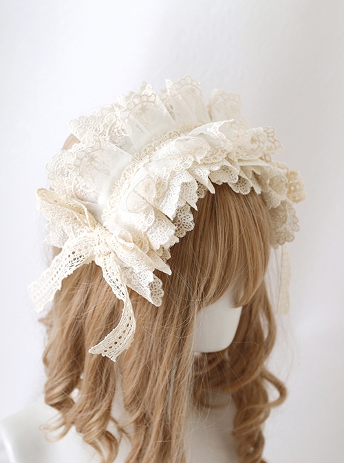 Apricot French Gorgeous Ruffles Elegance Exquisite Sweet Soft Classic Lolita Girl Lace Bowknot Ribbon Headgear Headband