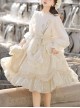 Flowers And Poems Series White Apricot Elegant Girly Mesh Yarn Apron Tulip Embroidery Classic Lolita Lantern Sleeves Dress