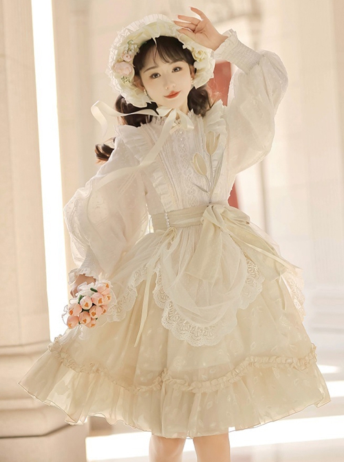 Flowers And Poems Series White Apricot Elegant Girly Mesh Yarn Apron Tulip Embroidery Classic Lolita Lantern Sleeves Dress