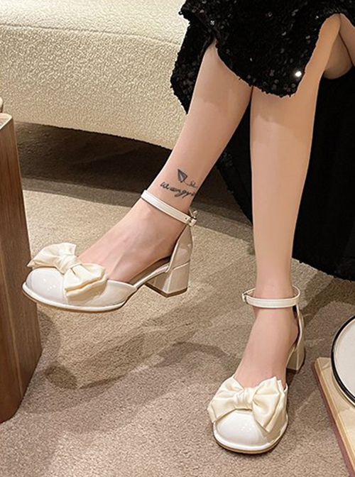 Fairy Style Summer Elegant French Romance Versatile PU Sweet Lolita Bowknot Cap Toe Mid Heel Sandals Shoes
